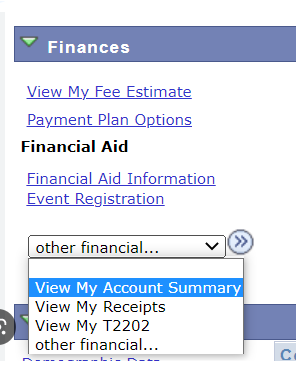 Image of left-navigation in My Student Centre, showing the location of the drop-down menu to view your account summary.