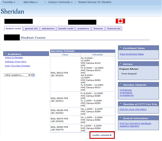 Image of My Student Centre and the location of the weekly schedule button under the "Upcoming Schedule"