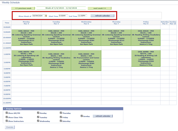 Image of Weekly Schedule in My Student Centre