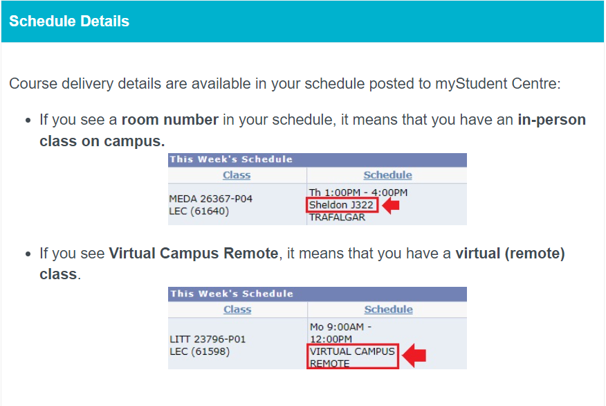 Image of room number and virtual campus (remote) on a schedule in My Student Centre.